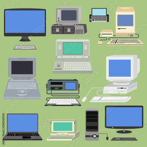 Old retro vintage vector computer pc monitor and tv screen. Classic antique technology old-style business personal computer equipment. PC retro desktop hardware communication screen and keyboard