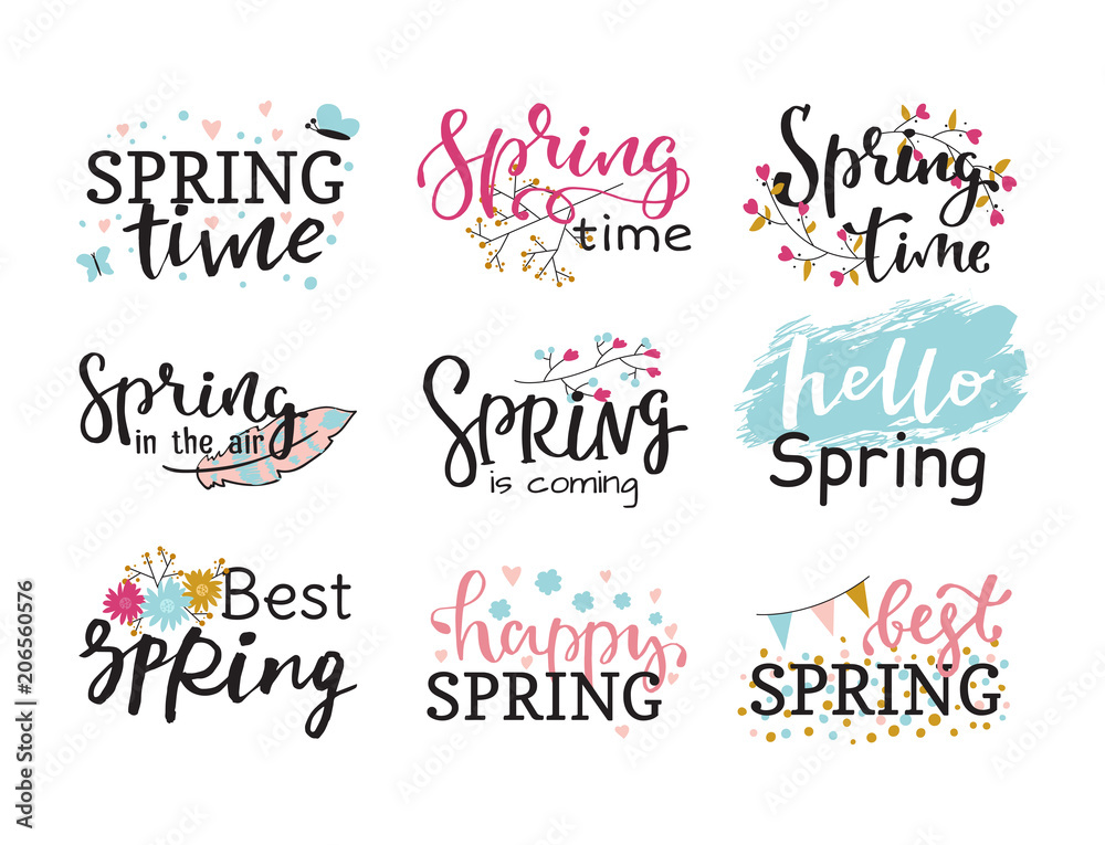 Hello spring time vector lettering text greeting card special springtime typography hand drawn Spring graphic illustration badge Hello spring time vector lettering text greeting card special springtime typography hand drawn Spring graphic illustration badge