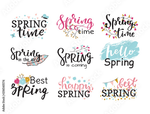 Hello spring time vector lettering text greeting card special springtime typography hand drawn Spring graphic illustration badge