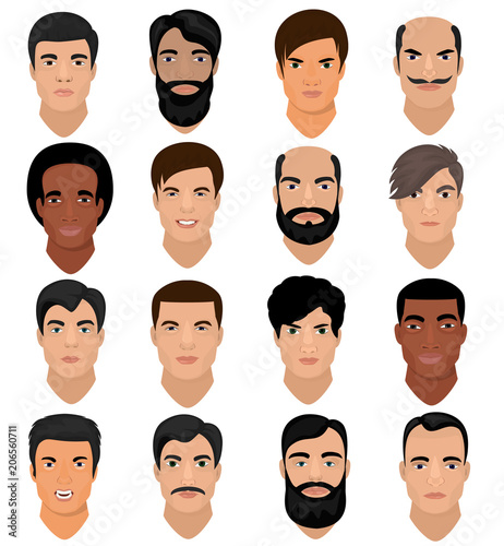Man portrait vector male character face of boy with hairstyle and cartoon manlike person with various skin tone and beard illustration set of masculine facial features isolated on white background