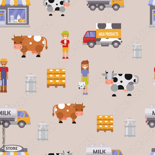 Vector illustration milk dairy farm to table healthy factory organic milky food farmers woman and man delivery seamless pattern background. Milk track, cow, family