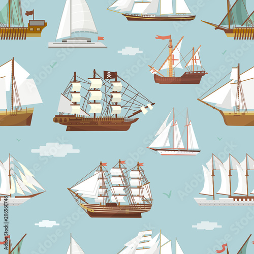 Vector ship boat miniature vessel old vintage sailboat souvenir sea shipping travel white canvase seamless pattern background. Adventure sailboats