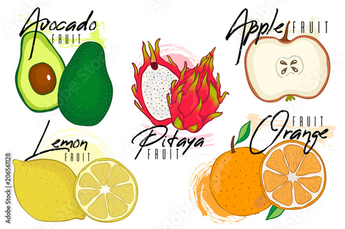 Set vector of colorful cartoon vitamin fruit icons: apple,lemon, pitaya, avocado, orange, lemon. Vector illustration, isolated on white.
