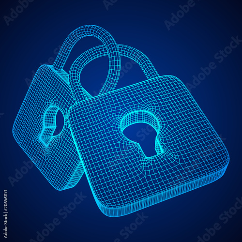 Padlock cyber security concept. Lock symbol from lines and squares, point connecting network. Wireframe low poly mesh vector illustration
