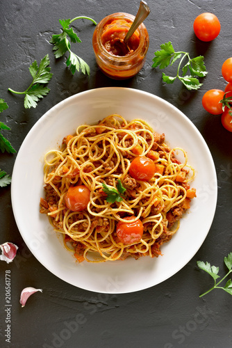 Spaghetti bolognese, top view