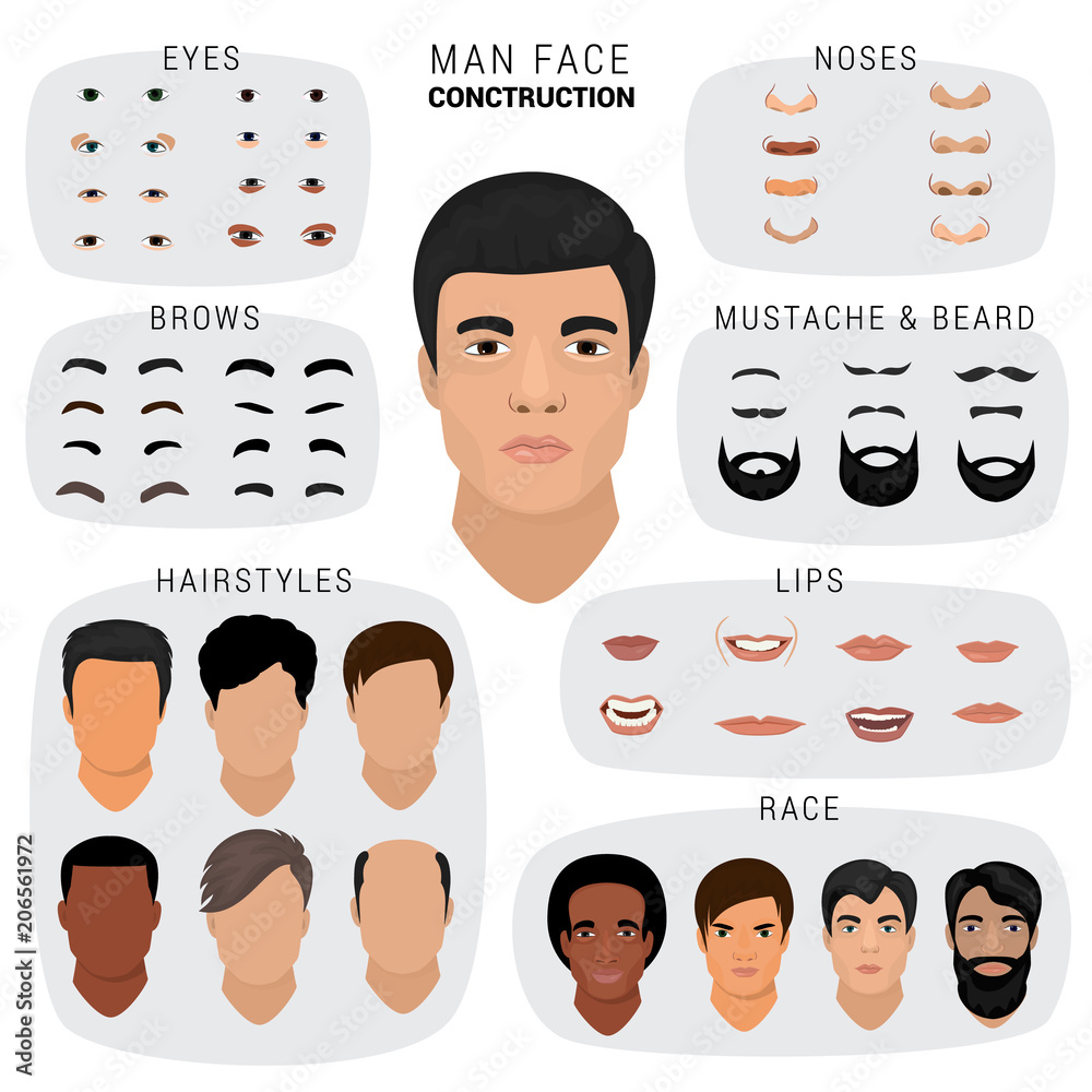 Man face portrait emotions constructor elements eyes, lips, beard, mustache avatar  icon creator vector illustration. Stock Vector