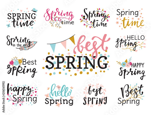 Hello spring time vector lettering text greeting card special springtime typo...