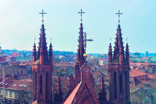 Steeples of Church of St Anne and cityscape in Vilnius