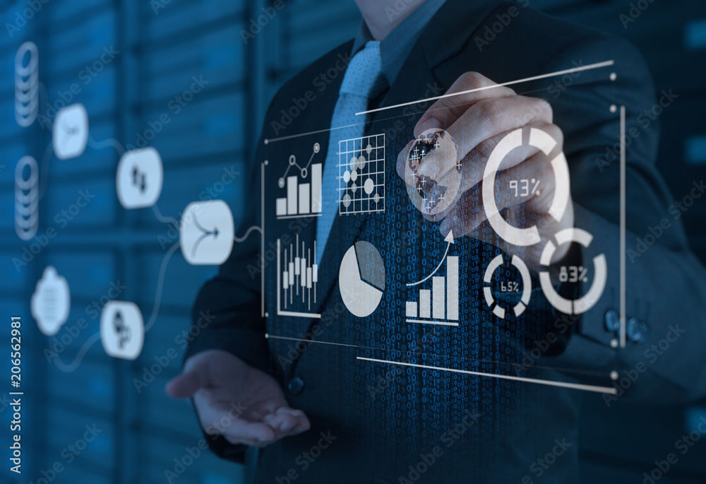 Data Management System (DMS) with Business Analytics concept. businessman  working with provide information for Key Performance Indicators (KPI) and  marketing analysis onn virtual computer Photos | Adobe Stock