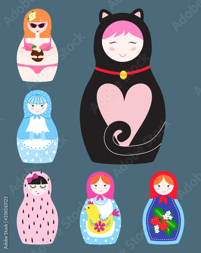 Matryoshka vector traditional russian nesting doll toy with handmade ornament figure pattern with child face and babushka woman souvenir illustration.