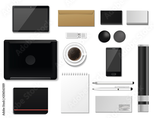 Corporate identity mock-up vector premium template set business office stationery realistic 3d mockup top view branding illustration.
