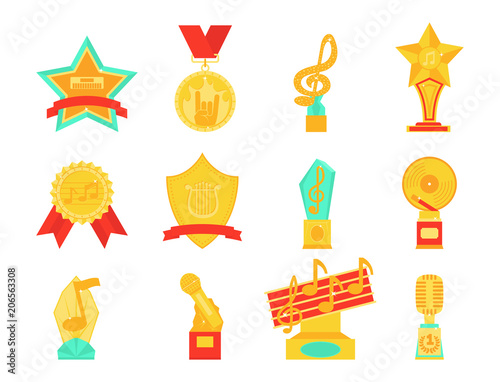 Music vector award statuette microphone and notes entertainment winner top artist achievement musicnote prize illustration