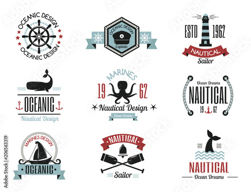 Sea marine vector nautical logo icons sailing themed label or with ship ribbo...
