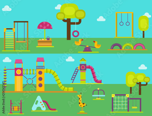 Children playground kindergarten amusement childhood play park activity place recreation swing equipment toy vector illustration