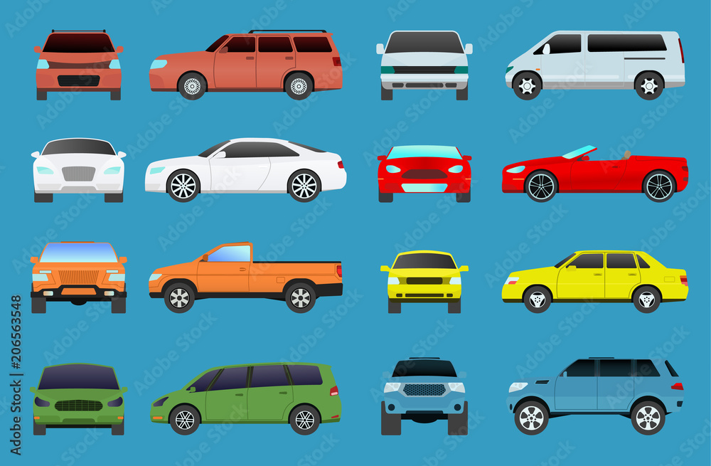 Car type vector model vehicle objects icons set multicolor automobile supercar. Wheel symbol car types coupe hatchback. Traffic collection showroom camper car types minivan flat mini automotive