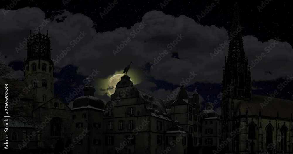 Collage: The moon in the clouds rises above ancient buildings and churches Collage: The moon in the clouds rises above ancient buildings and churches