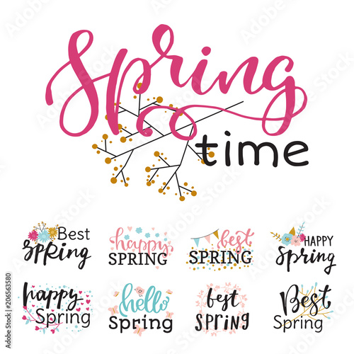 Hello spring time vector lettering text greeting card special springtime typo...