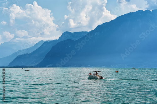 Ship and people at Geneva Lake summer Vevey of Switzerland