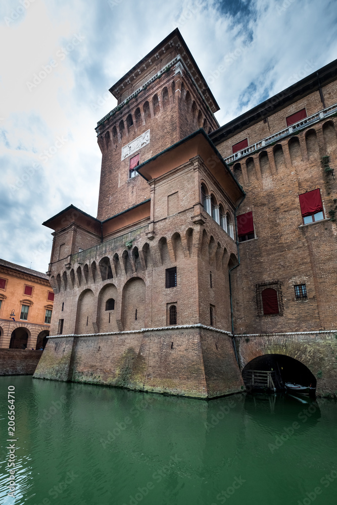 FERRARA, ITALY - Castello (Castle) Estense, a four towered fortress from the 14th century, Ferrara, Emilia-Romagna, Italy