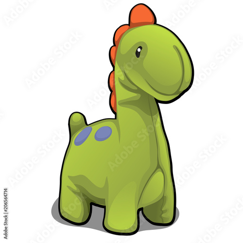 Plush toy in the form of green dinosaur isolated on white background. Vector cartoon close-up illustration.