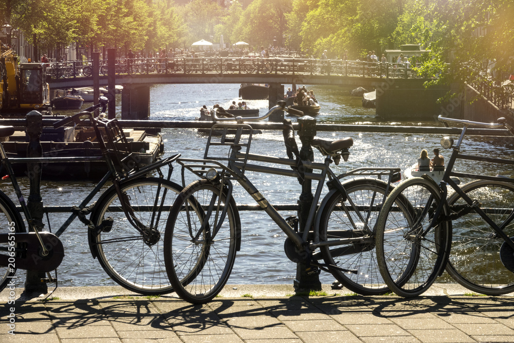 parked bicycles in the beautiful city of Amsterdam, Holland