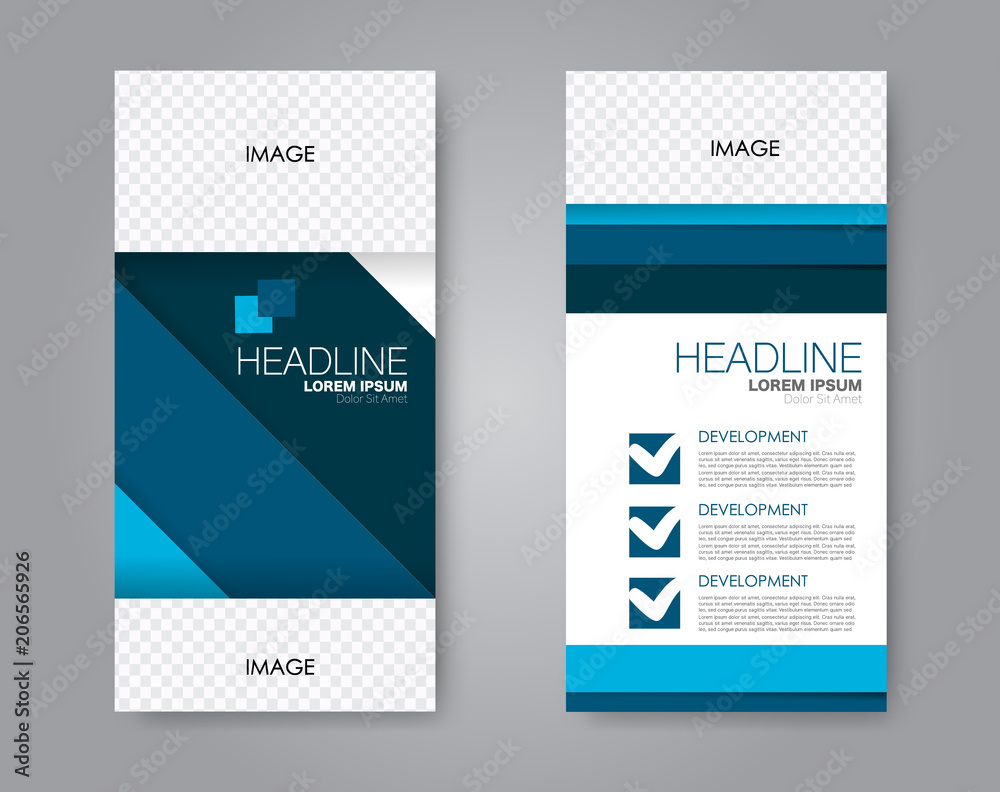 Vector flyer and leaflet design. Set of two side brochure templates. Vertical banners. Blue color. Vector flyer and leaflet design. Set of two side brochure templates. Vertical banners. Blue color.