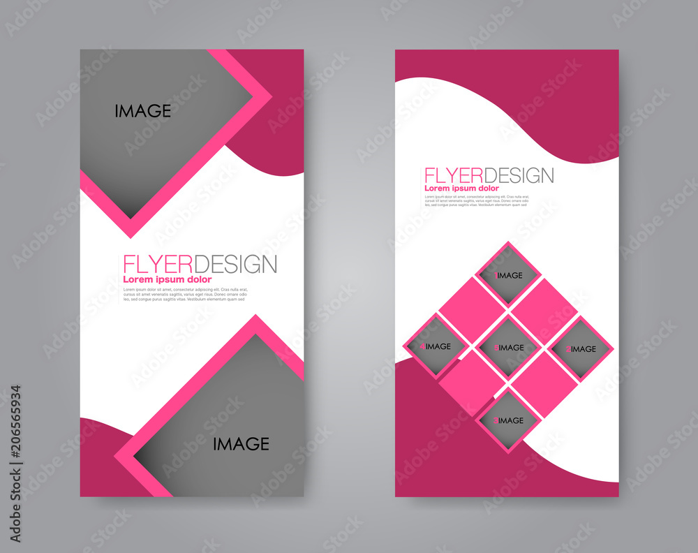Fototapeta premium Vector flyer and leaflet design. Set of two side brochure templates. Vertical banners. Pink color.