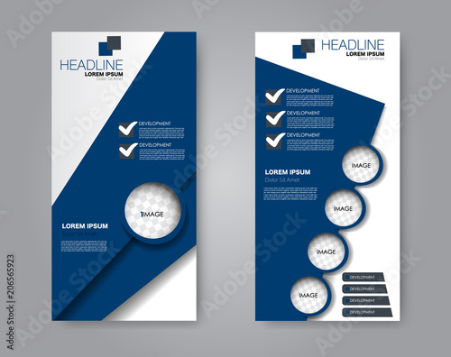 Vector flyer and leaflet design. Set of two side brochure templates. Vertical banners. Blue color.