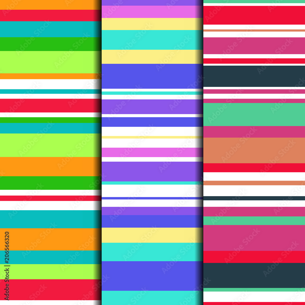 Set of 3 seamless patterns striped design. Retro textile prints with random colored stripes. Vector fashion backgrounds.