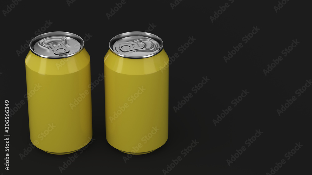 Two small yellow aluminum soda cans mockup on black background