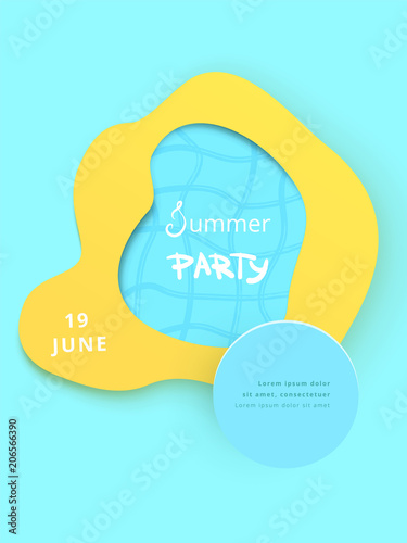 Summer Party vertical flyer with papercut shapes. Vector illustration.