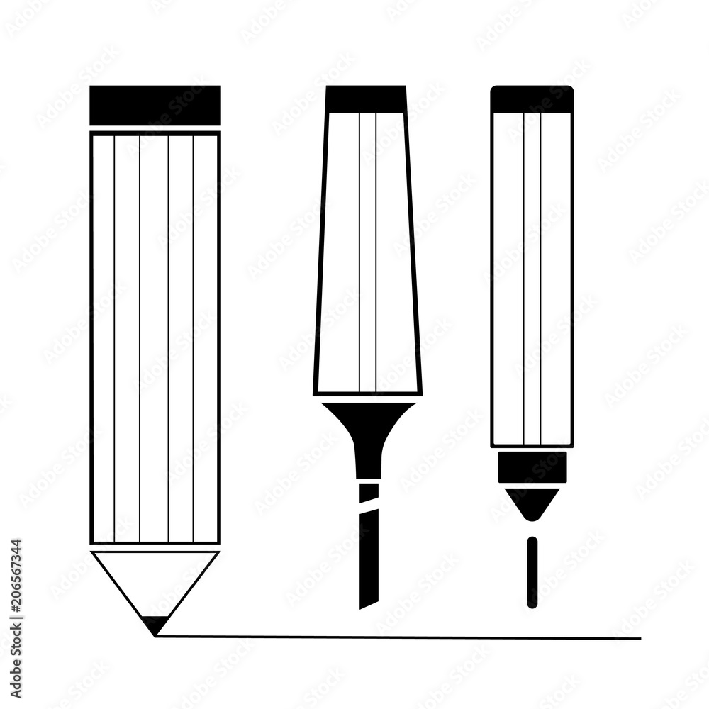 Line Drawing Set Of Pens And Pencils, Hand Drawn Vector