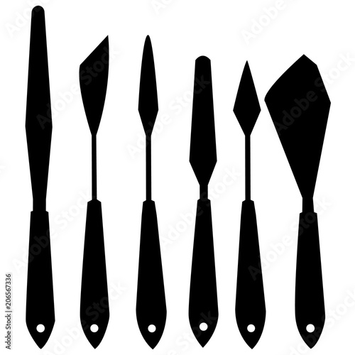 Set of black contour artistic instruments icon collections of palette knifes. Obtuse angular and acute brushes palette knifes. Vector illustration .