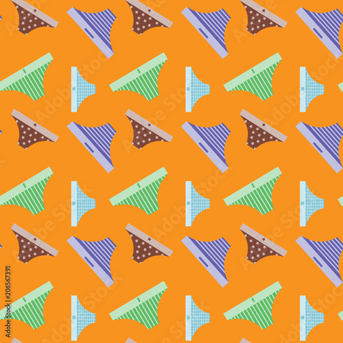  Seamless background of women, sexy female underwear. Purple, brown, green, blue colors on orange background. Vector illustration