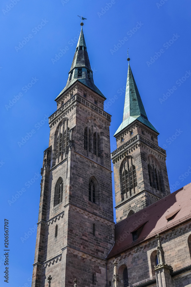 Towers of St. Sebald Church, Nuremberg, Middle Franconia, Bavaria, Germany, Europe
