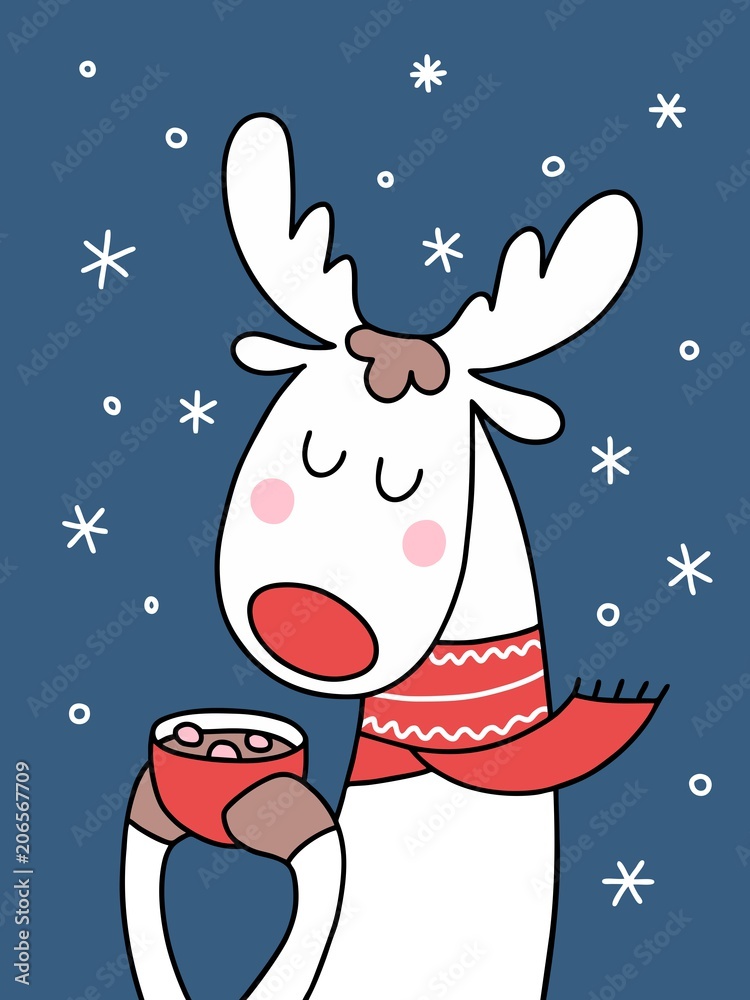 Cute Christmas deer with cup of cocoa and pices of marshmallows. Cartoon funny animal vector illustration Xmas card Cute Christmas deer with cup of cocoa and pices of marshmallows. Cartoon funny animal vector illustration Xmas card