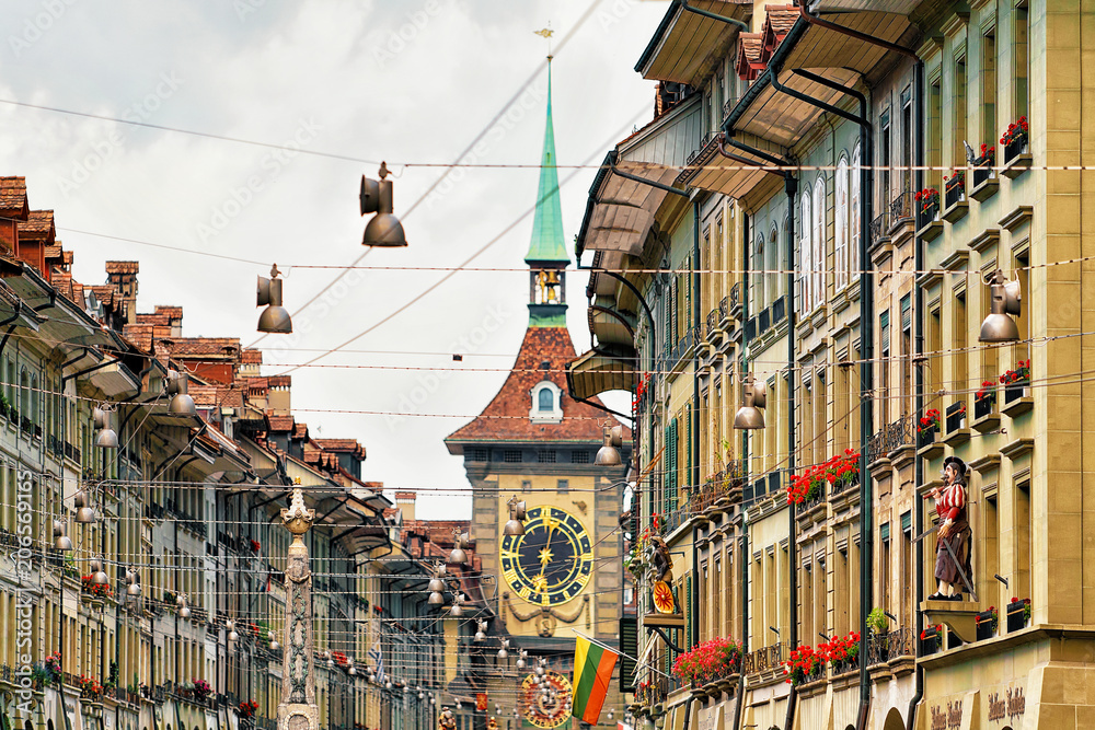 Zytglogge in Kramgasse street with the shopping area in Bern