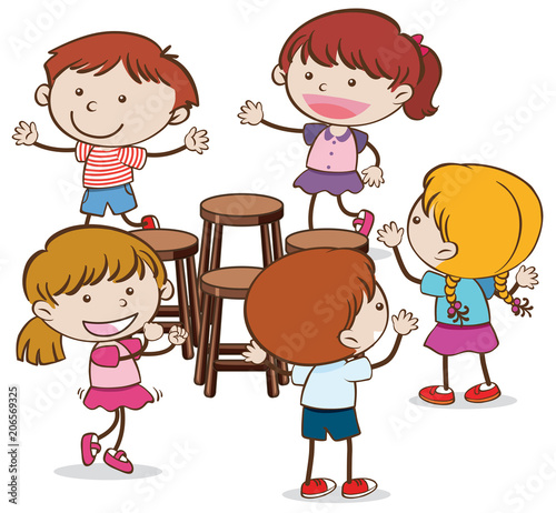 Kids Playing Musical Chairs on  White Background
