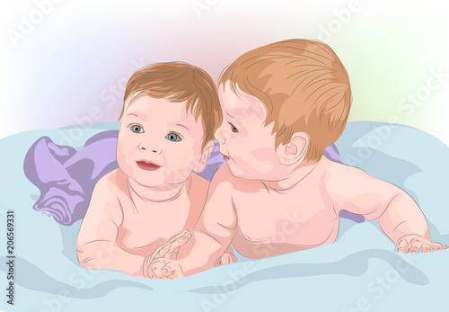 Realistic two babies are lying there, watching closely.