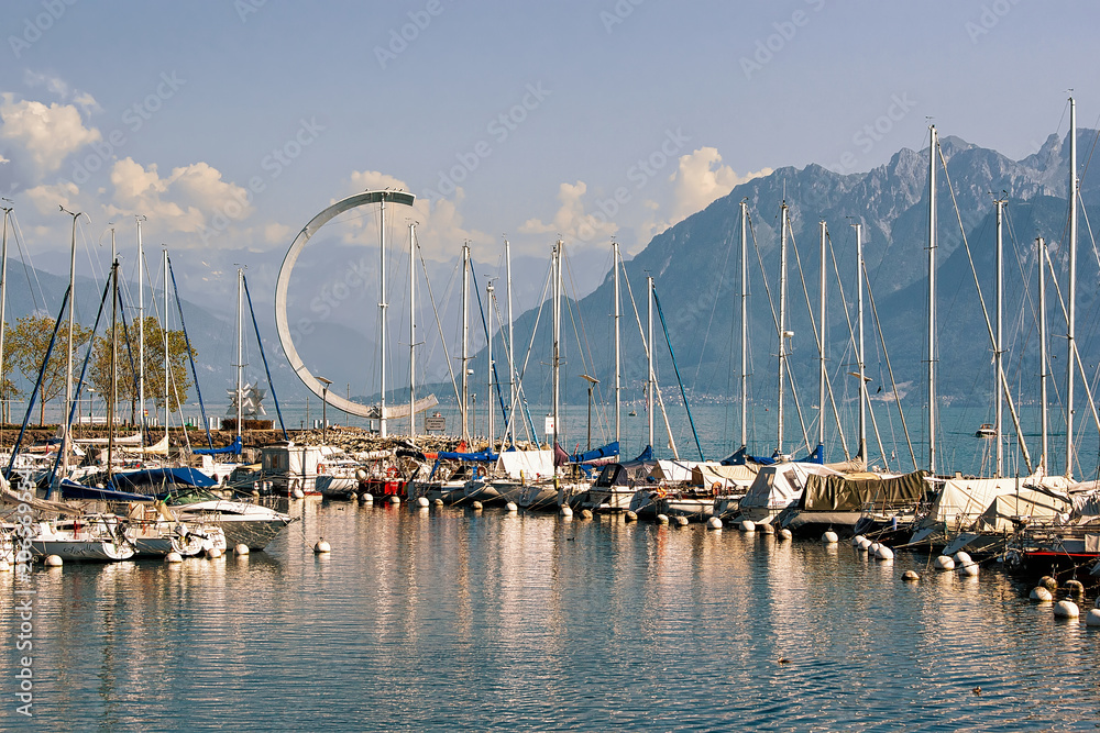 Marina and yachts on Lake Geneva in Lausanne summer Switzerland