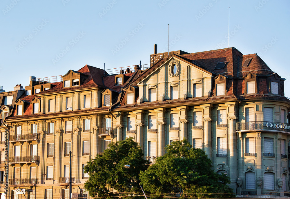 Fototapeta premium Old building in Le Flon district in Lausanne summer
