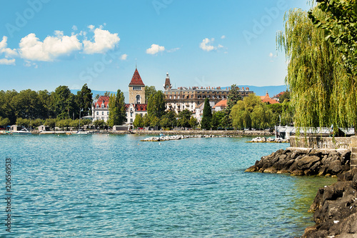 Chateau Ouchy at Lake Geneva promenade summer Lausanne