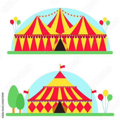Circus show entertainment tent marquee outdoor festival with stripes flags ca...