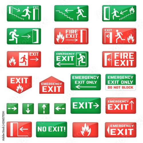 Exit vector emergency exit sign and fire escape point with green arrows for safety evacuation and exited in dander illustration set isolated on white background