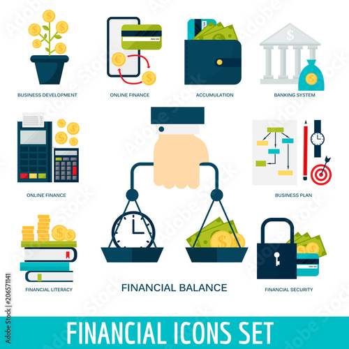 Banking money financial services set credit sign development online accumulation bank investment management finance vector illustration.