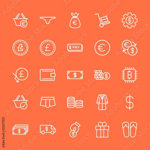 Modern Simple Set of clothes, money, shopping Vector outline Icons. Contains such Icons as  delivery,  box,  finance,  basket, mail, bag and more on orange background. Fully Editable. Pixel Perfect.