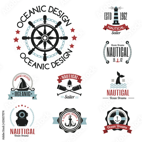 Sea marine vector nautical logo icons sailing themed label or with ship ribbons travel element graphic badges illustration.
