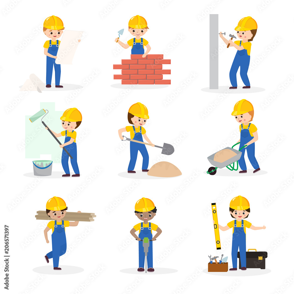 Builder vector cartoon character constructor building construction for newbuild illustration worker or contractor buildup constructively set isolated on white background