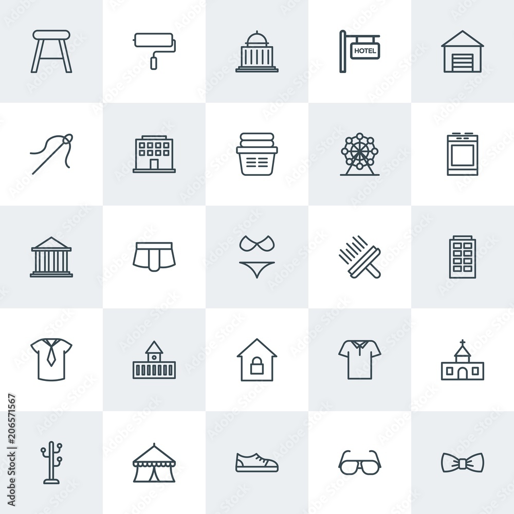 Modern Simple Set of clothes, buildings, housekeeping Vector outline Icons. Contains such Icons as  paint,  clothing,  brush, church,  polo and more on white background. Fully Editable. Pixel Perfect.