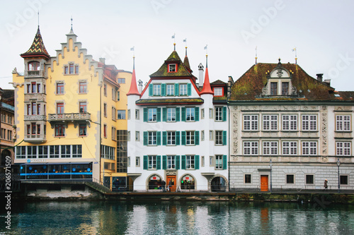 Reuss riverbank at old town of Lucerne Switzerland